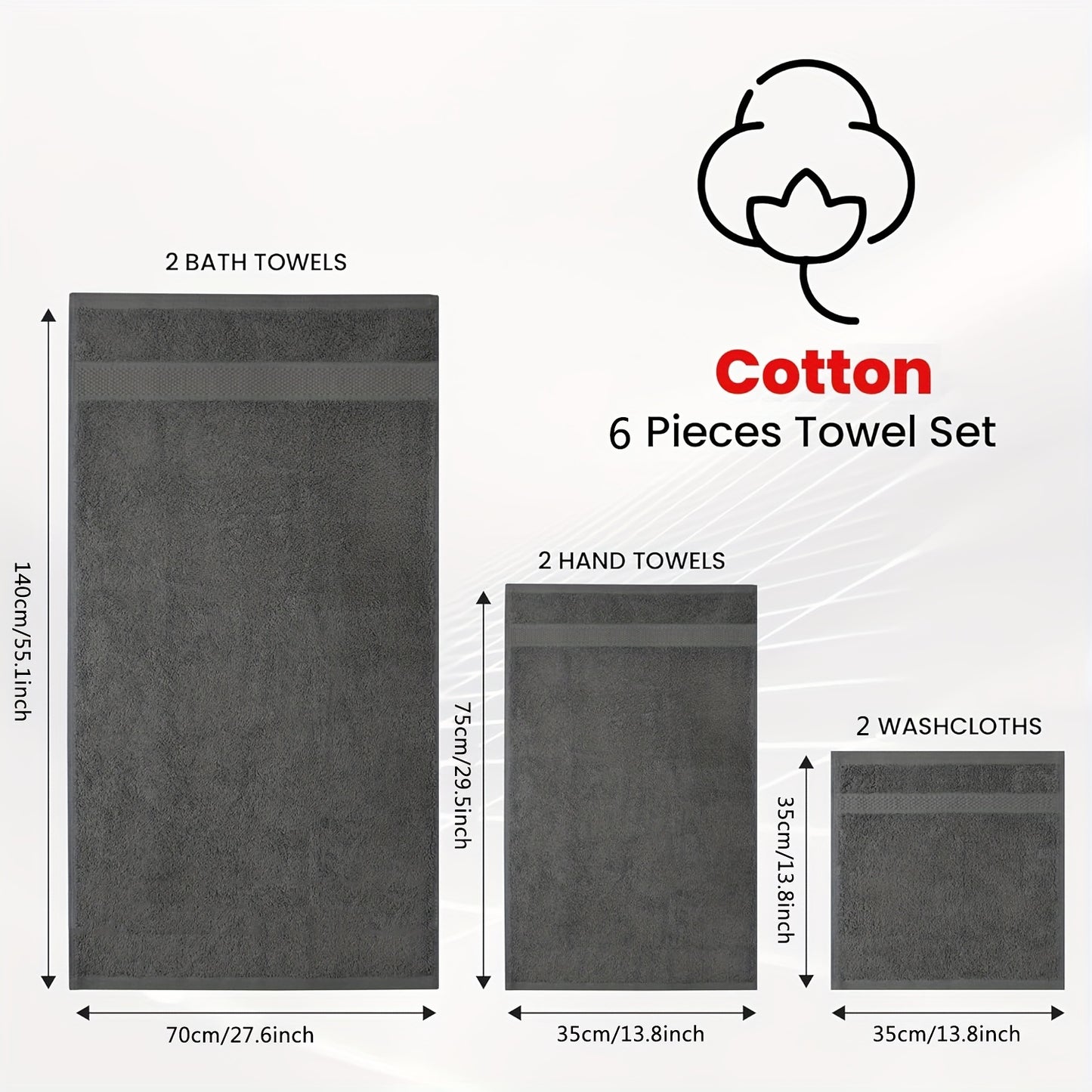 6-piece cotton towel set includes 2 bath towels, 2 hand towels, and 2 washcloths. Quick-drying, soft, and absorbent towels suitable for bathroom, gym, hotel, and spa use.