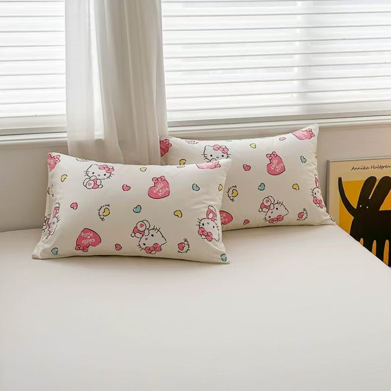 One piece of a Hello Kitty pillowcase made from 100% soft and breathable fabric. This bed pillow cover is machine washable and allergy-resistant. It features a digital print design with an envelope closure. The fabric weight is 250-300gsm, perfect for