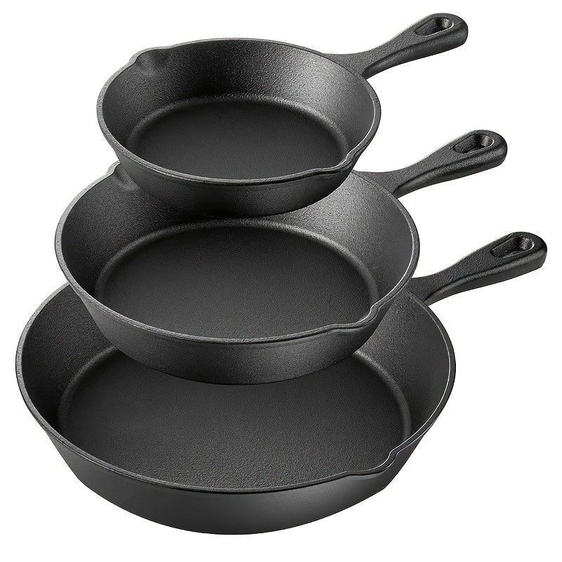 Three-piece seasoned cast iron pan measuring 16, 20, and 25cm in size. This durable cookware features easy tipping sides and auxiliary handles, making it perfect for both indoor and outdoor cooking.