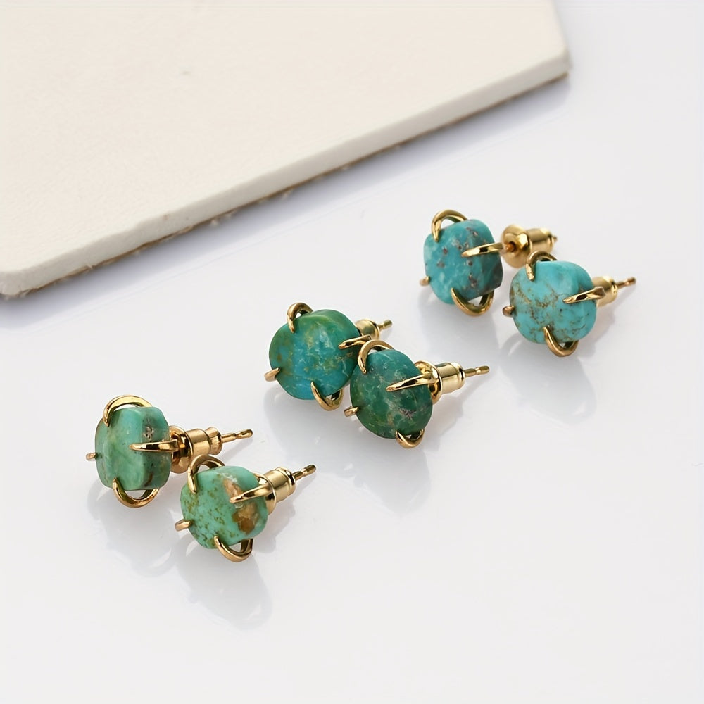 Pair of 14K Gold Plated Copper Stud Earrings with Natural Turquoise Stone, Boho Chic design, Perfect for Everyday Wear and Gifting.