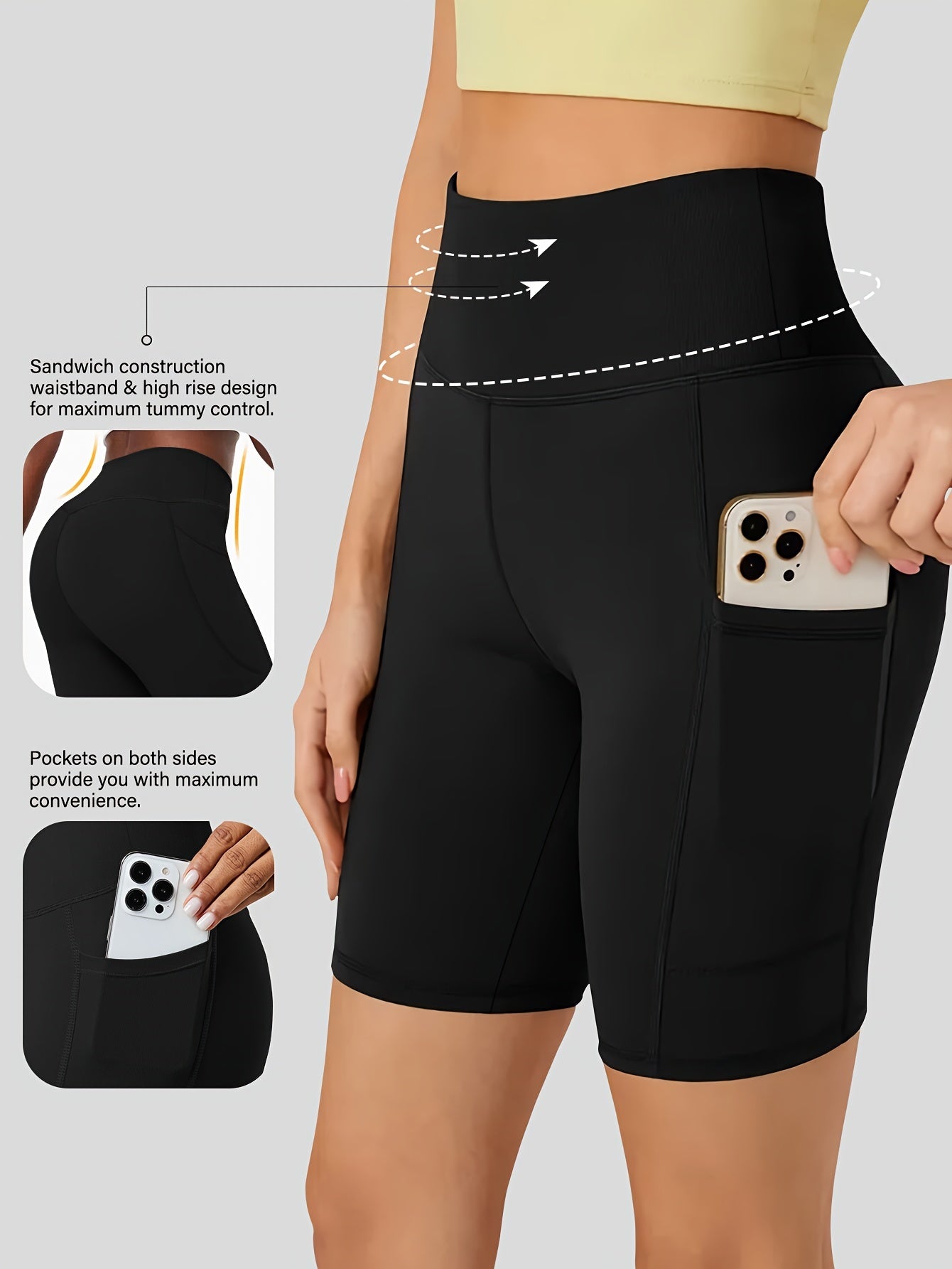 High-waist cycling shorts for women with side pockets, breathable and comfortable, perfect for fitness and outdoor activities.