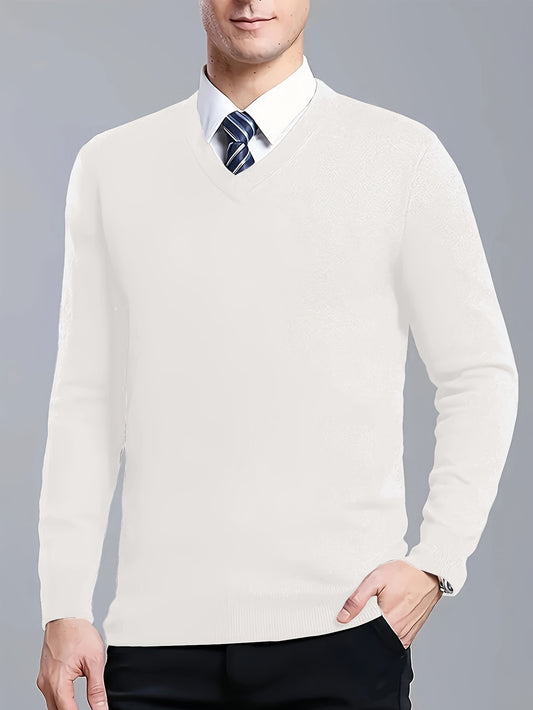 Men's V-Neck Knit Sweater for 2024 Autumn/Winter with solid color design and regular fit. Made from Polyester 25%, Viscose 50%, Nylon 25%.