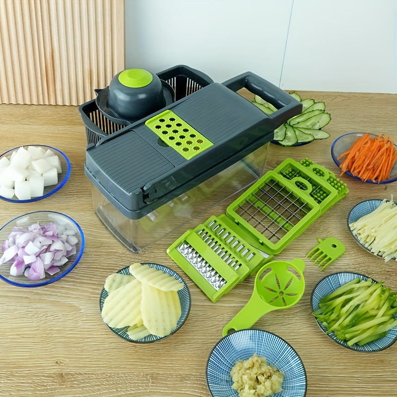 The Multifunctional Vegetable & Fruit Slicer Set includes 16 pieces and is a manual food processor with interchangeable blades. It also comes with a container and is perfect for slicing onions, potatoes, and more. This essential kitchen gadget is