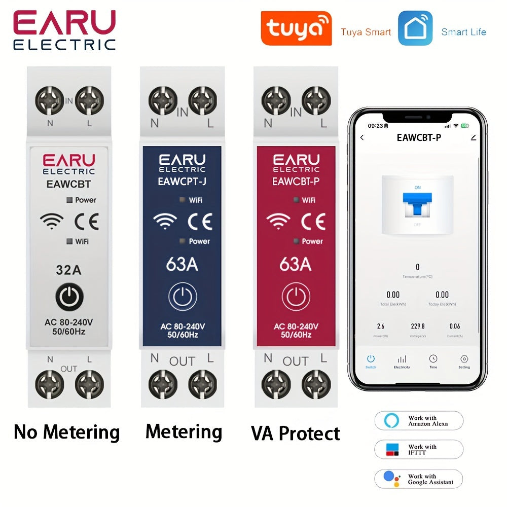 Smart WiFi Circuit Breaker with Voice Control - 63A, Energy Metering, Overload Protection, App Control, Alexa & Google Assistant Compatible - EARUELETRIC