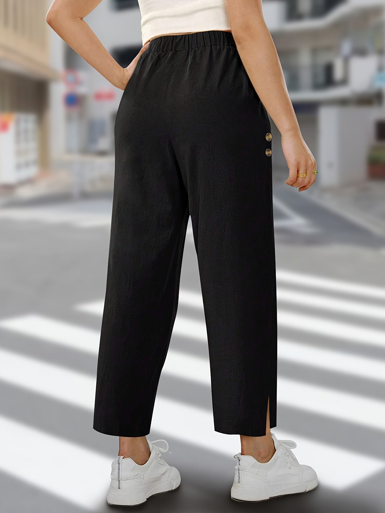 1pc Elegant Solid Color High-Waisted Wide Leg Pants for Women, Non-Stretch Woven Fabric with Side Button Detail and Front Slit, Fall Fashion