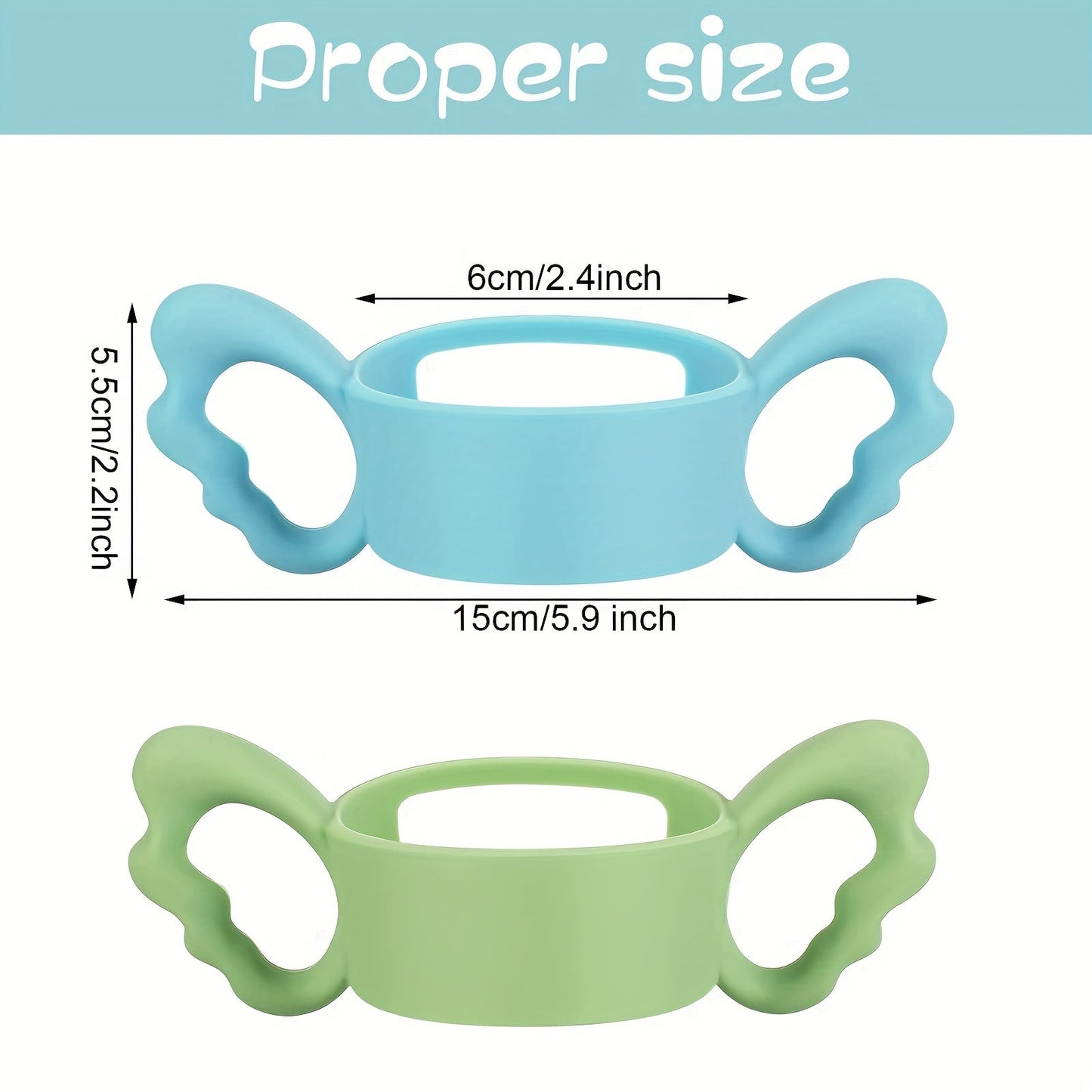 These silicone baby bottle handles are designed to provide a wide bore grip aid for infants aged 0-3 years. They make carrying and feeding bottles easier, as they are lightweight and BPA-free. The handles come in a blue color, making them a practical and