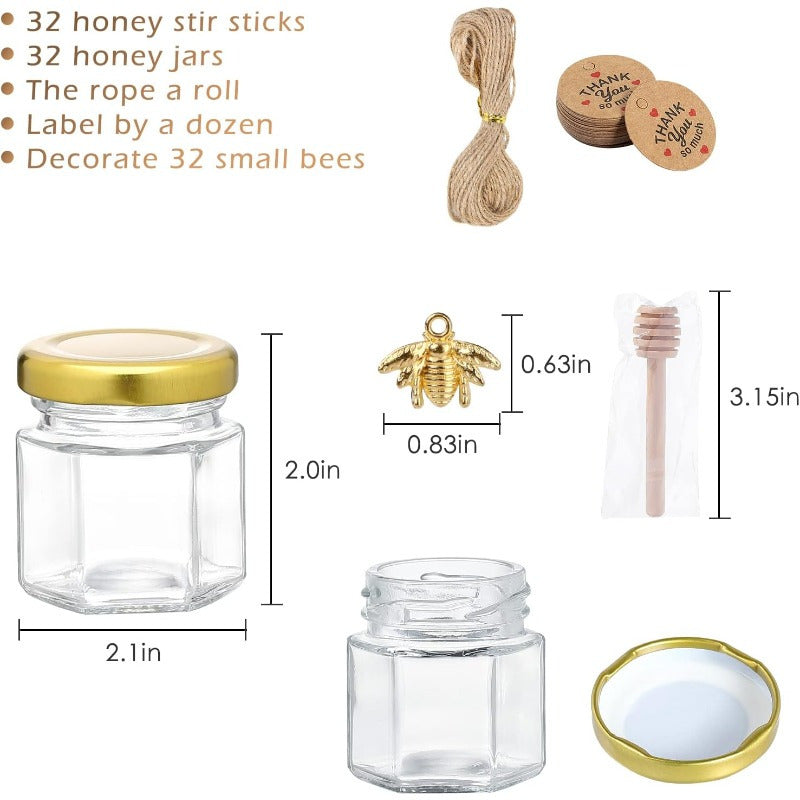 Tiny honey jars with wooden dipsticks, hexagonal glass containers topped with golden lids, embellished with charming golden bee accents, and accented with decorative jute perfect for weddings, baby showers, and party favors.