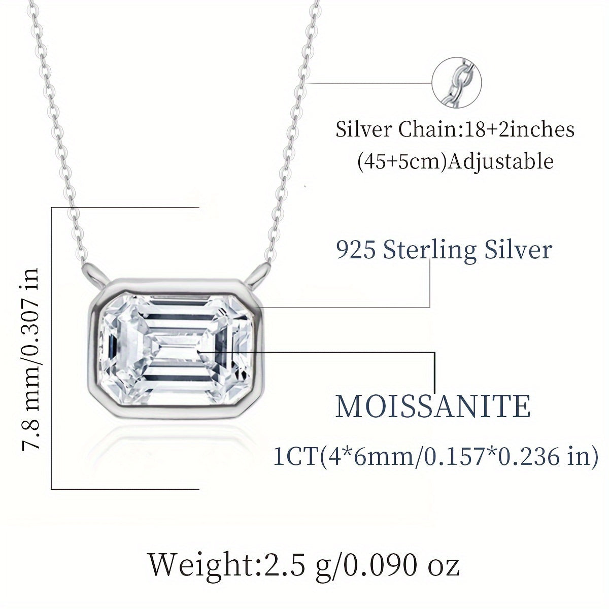 925 Sterling Silver'da Emerald Cut Moissanite Pendant Necklace - 1ct, 2ct yoki 3ct da mavjud. Gippoallergen, Bohemian uslubidagi ayollar uchun zargarlik sovg'asi - To'y, Nikoh, Onalar kuni uchun mukammal. Sertifikat va sovg'a qutisi bilan birga keladi.