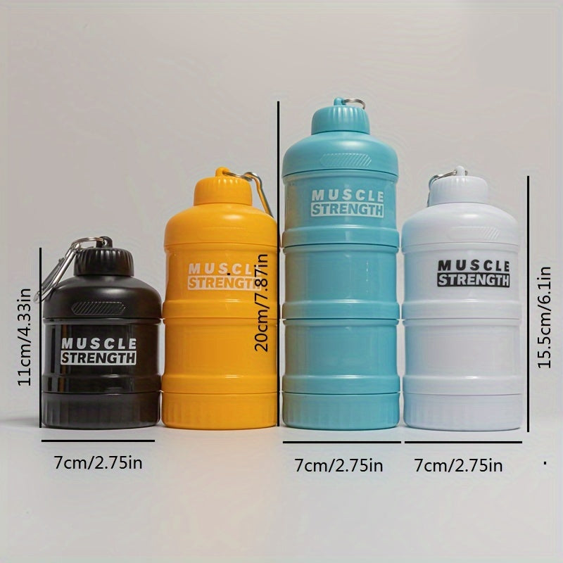 Portable protein powder container with a multi-tier plastic bottle for gym and outdoor sports, with a keychain. Size 7cm X 11cm/20cm/15.5cm.