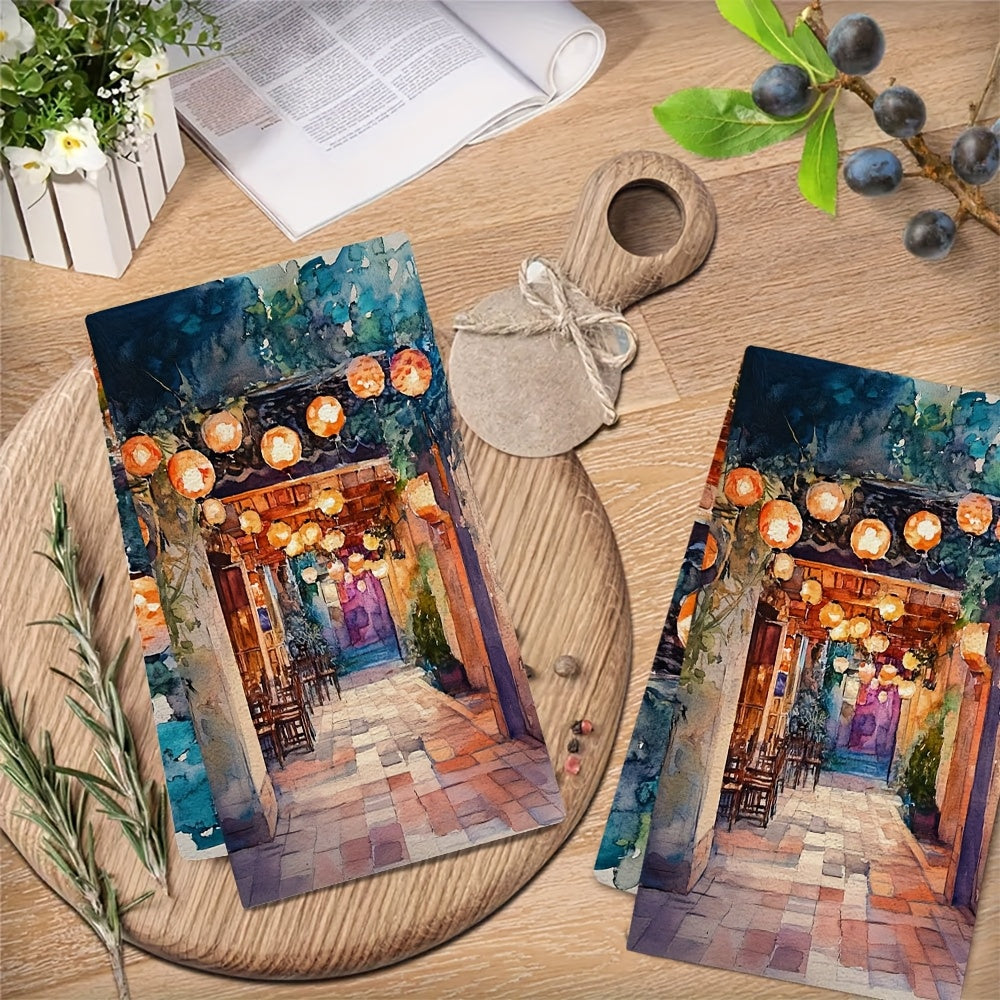 Two pieces of kitchen towels featuring an "Enchanting Lantern-Lit Courtyard" design. These ultra soft towels are highly absorbent, machine washable, and have a contemporary style. Measuring 40.64x60.96 cm, they are perfect for holiday decor.