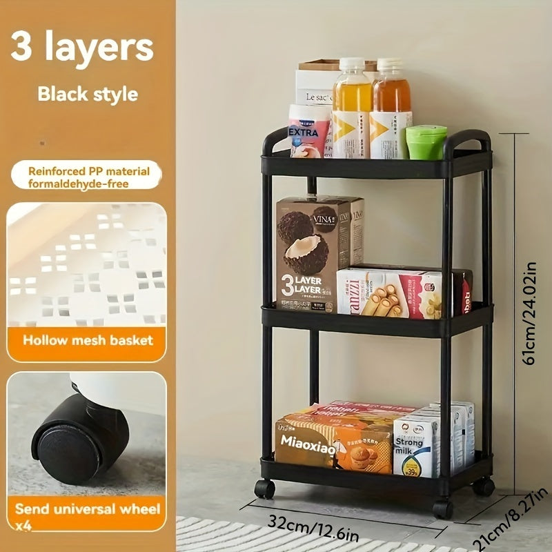 Multi-functional 3-tier rolling kitchen storage cart with wheels, made of durable plastic. This space-saving organizer trolley is perfect for use in the kitchen, bathroom, or bedroom. Easy to move around and featuring versatile open storage racks.