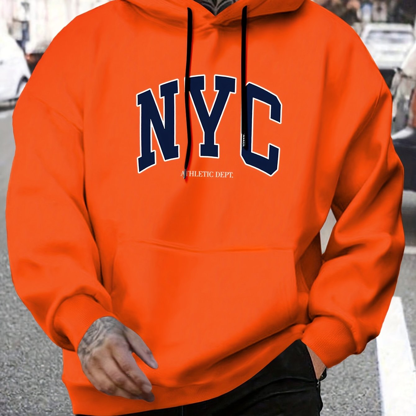 NYC print hooded pullover with kangaroo pocket, ideal for fall and winter, for plus size men.