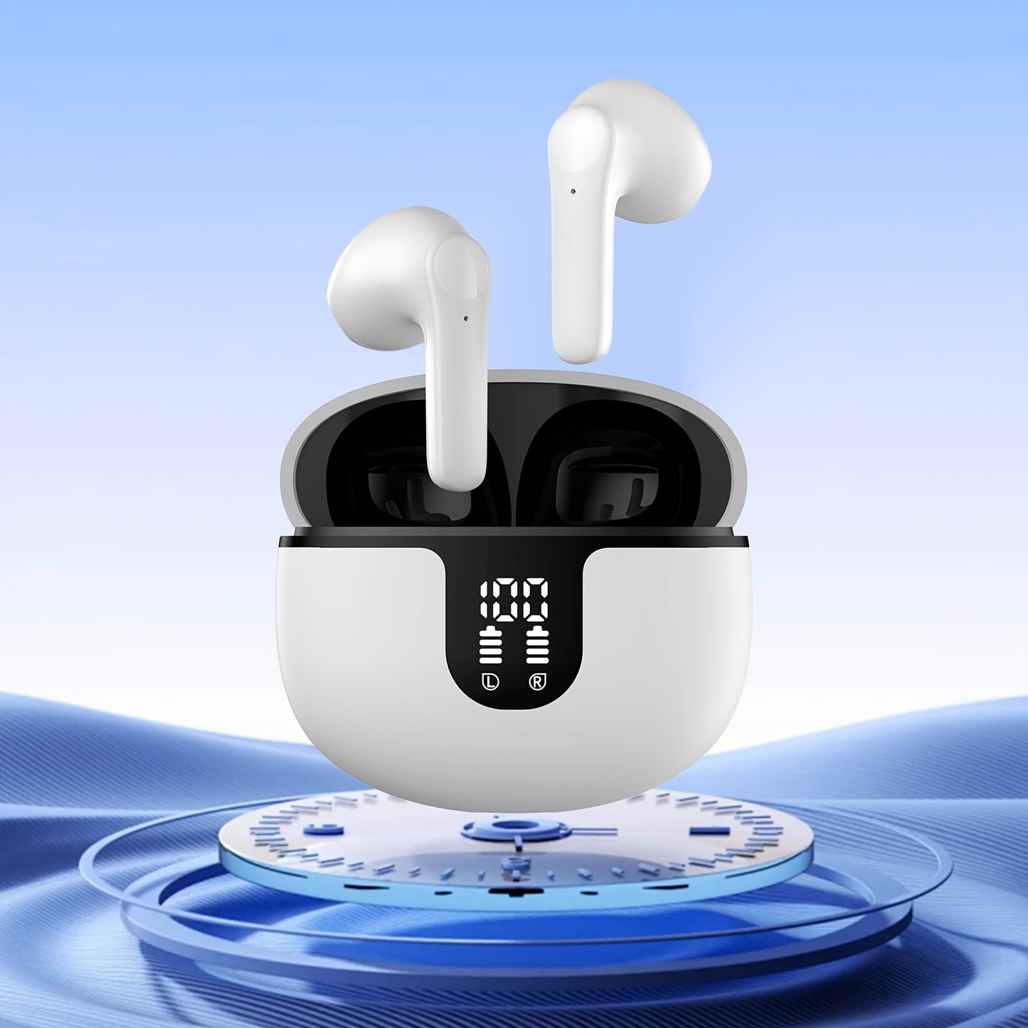 Wireless earbuds with 40 hours playtime, LED power display, microphone for iOS and Android phones.