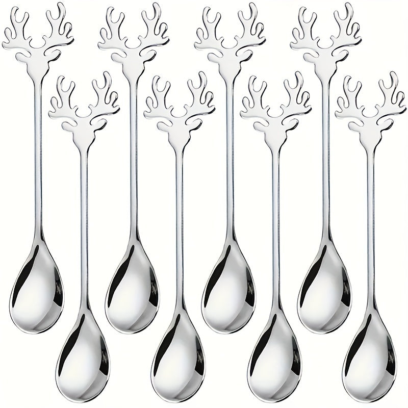 Set of 8 Christmas-themed stainless steel coffee spoons in the shape of deer heads, perfect for stirring desserts and candy, as well as stirring tea. These whimsical spoons can also be used as tableware decorations or kitchen accessories.