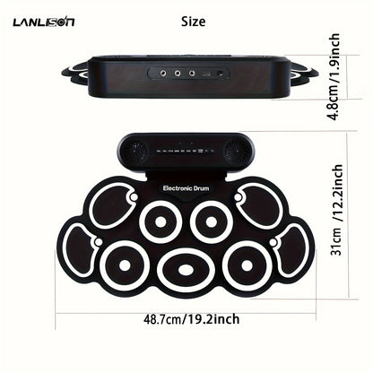 Roll-up electronic drum set with 9 practice pads and built-in speakers, includes drum pedals, drum sticks, and 10-hour playtime.