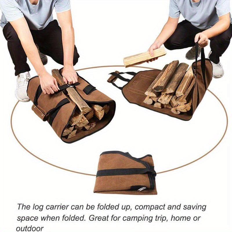 Set of three PVC Firewood Storage Bags, featuring durable construction with handles, securing straps, and reinforced base - perfect for storing firewood, carrying logs, indoor camping trips, and as holiday gifts