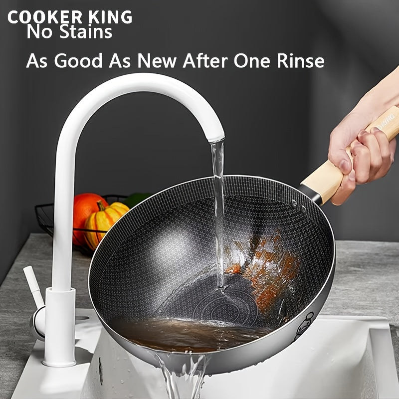 The COOKING KING Non-Stick Stainless Steel Wok Pan with Lid is PFOA Free and safe to use in the dishwasher and oven. It is also compatible with induction cooktops, making it a perfect choice for home kitchens.