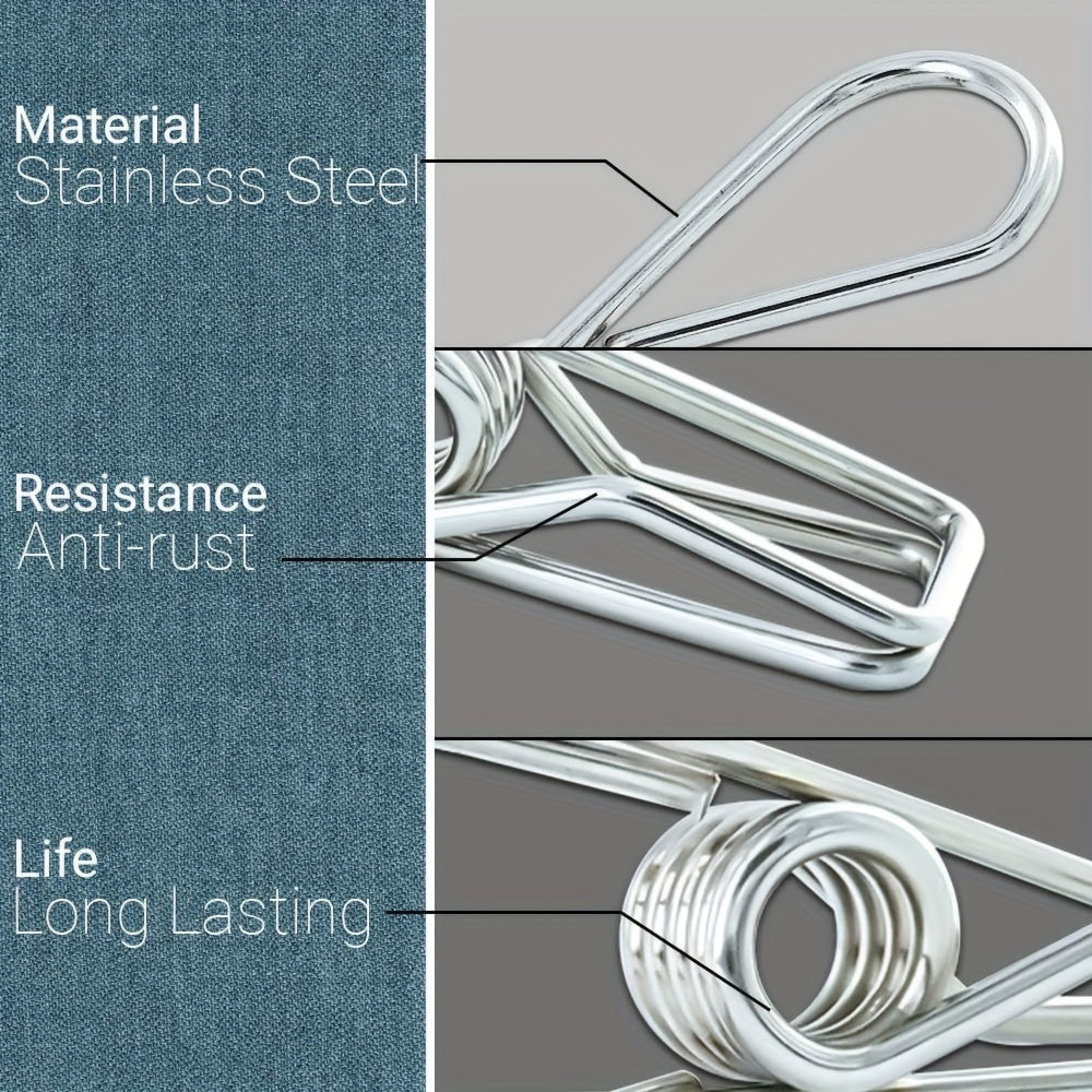 This listing offers a variety of stainless steel wire clips in pack sizes of 10 or 20. The clips come in large, medium, and small sizes, making them versatile for various uses. These durable clothes clips are multifunctional and practical for laundry and