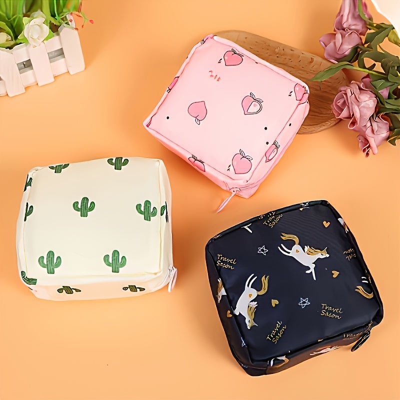 Polyester organizer bag for girls with cartoon design, ideal for storing sanitary napkins. Large capacity and portable. Great for home organization.