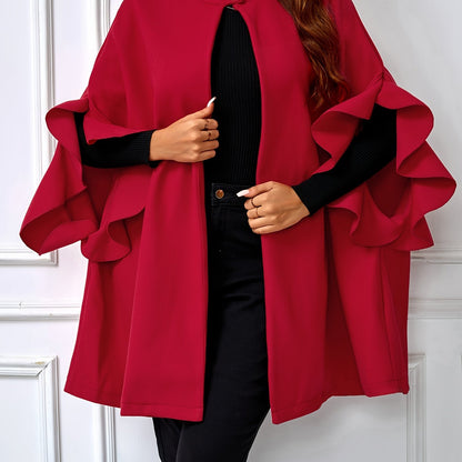 Elegant plus size red cape coat with ruffle sleeves, Crew neck outerwear made of polyester blend with slight stretch. Solid color woven cape suitable for all seasons.