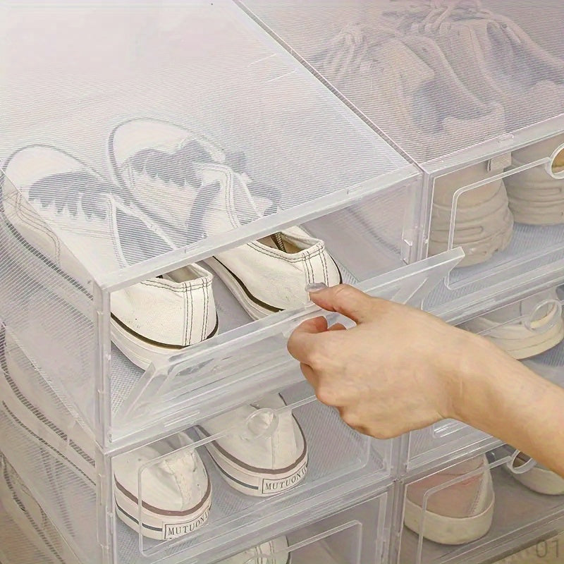 Six transparent stacking shoe boxes made of PET material that are perfect for organizing shoes in your living room, bedroom, or dormitory.