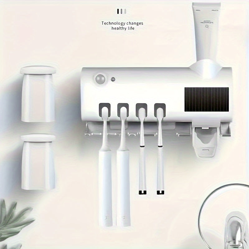 UV Toothbrush Holder with Automatic Toothpaste Dispenser - Wireless, USB Rechargeable, Wall-Mounted, No-Drill Installation.