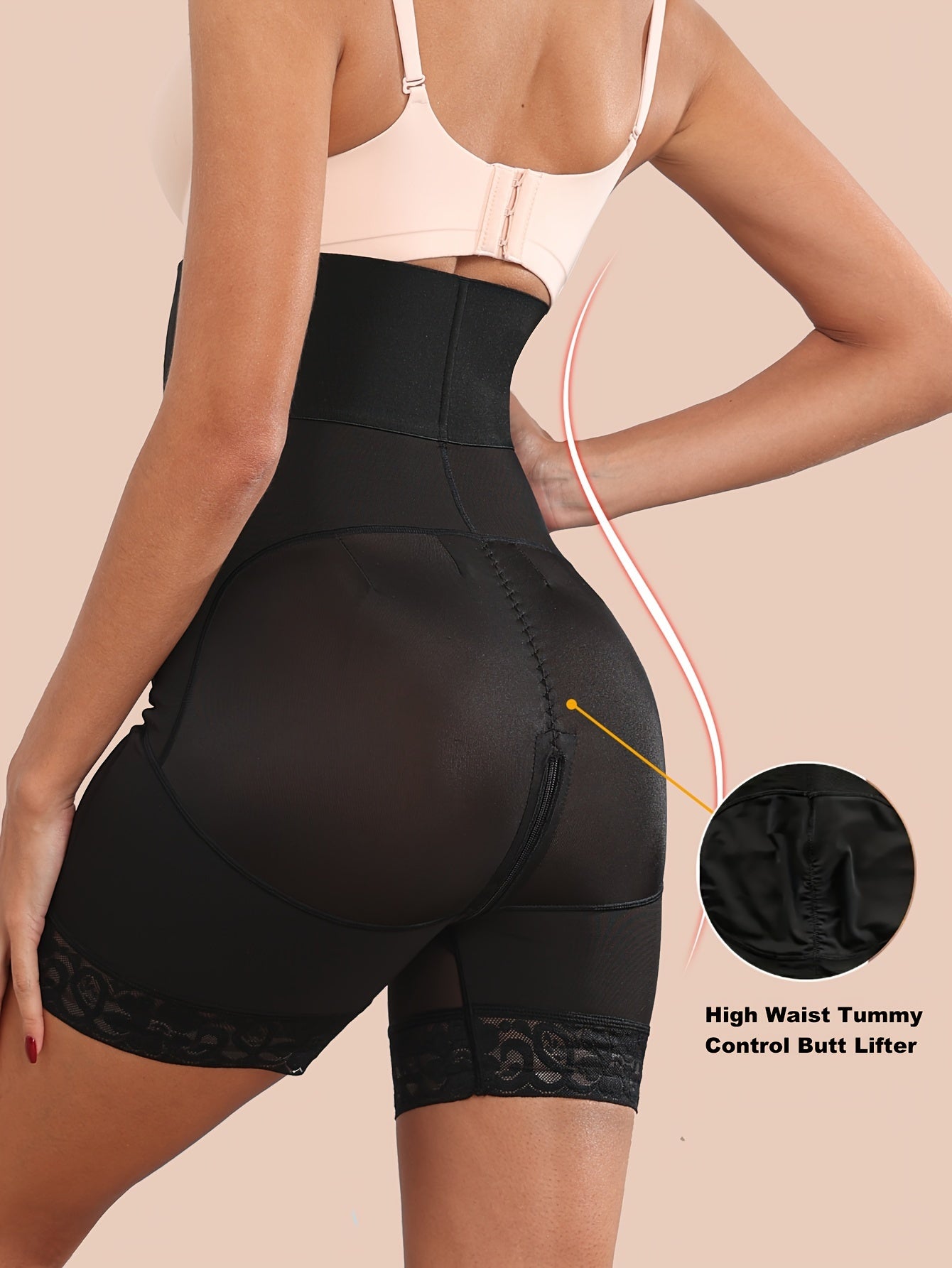 High-waisted shapewear briefs for women with hip and abdomen control, post-surgery compression, butt lifting, thigh slimming, adjustable hooks, and breathable mesh with lace detailing.