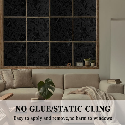 Blackout window film in black, self-adhesive and securely attached without the use of glue. Provides heat control and UV protection. Perfect for decorating home, door, bathroom, office, bedroom, and living room.