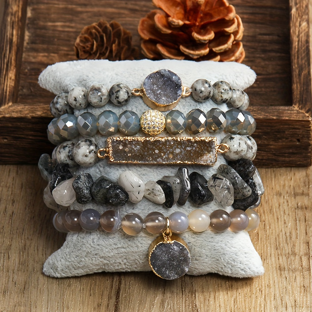 Set of 5 Bohemian Classic Beaded Bracelets featuring Natural Stone Druzy Gravel Glass, February Birthstone, Elastic Stackable design for Daily & Vacation Wear, accented with Synthetic Zirconia for a touch of elegance, perfect for all seasons.