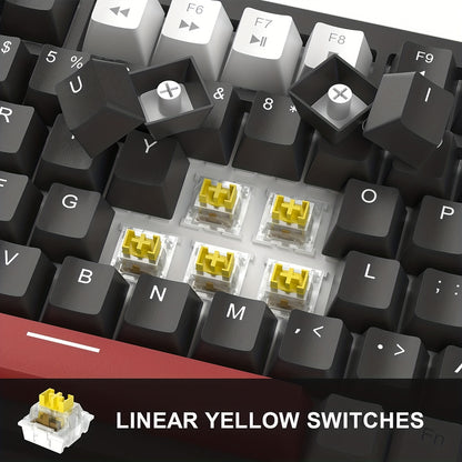 Compact 75% mechanical gaming keyboard with ice blue backlight, yellow switches, ergonomic EVA foam design, knob control, NKRO PC gaming, red & white keycaps, 16 DIY options.