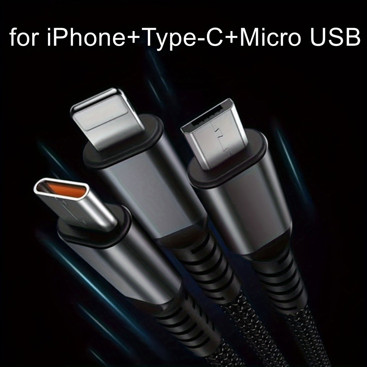 OLISHEN High-Speed 100W 3-in-1 Fast Charge Cable for iPhone, Samsung, Xiaomi - USB-C, Micro USB, Lightning Sync & Charging Cord.