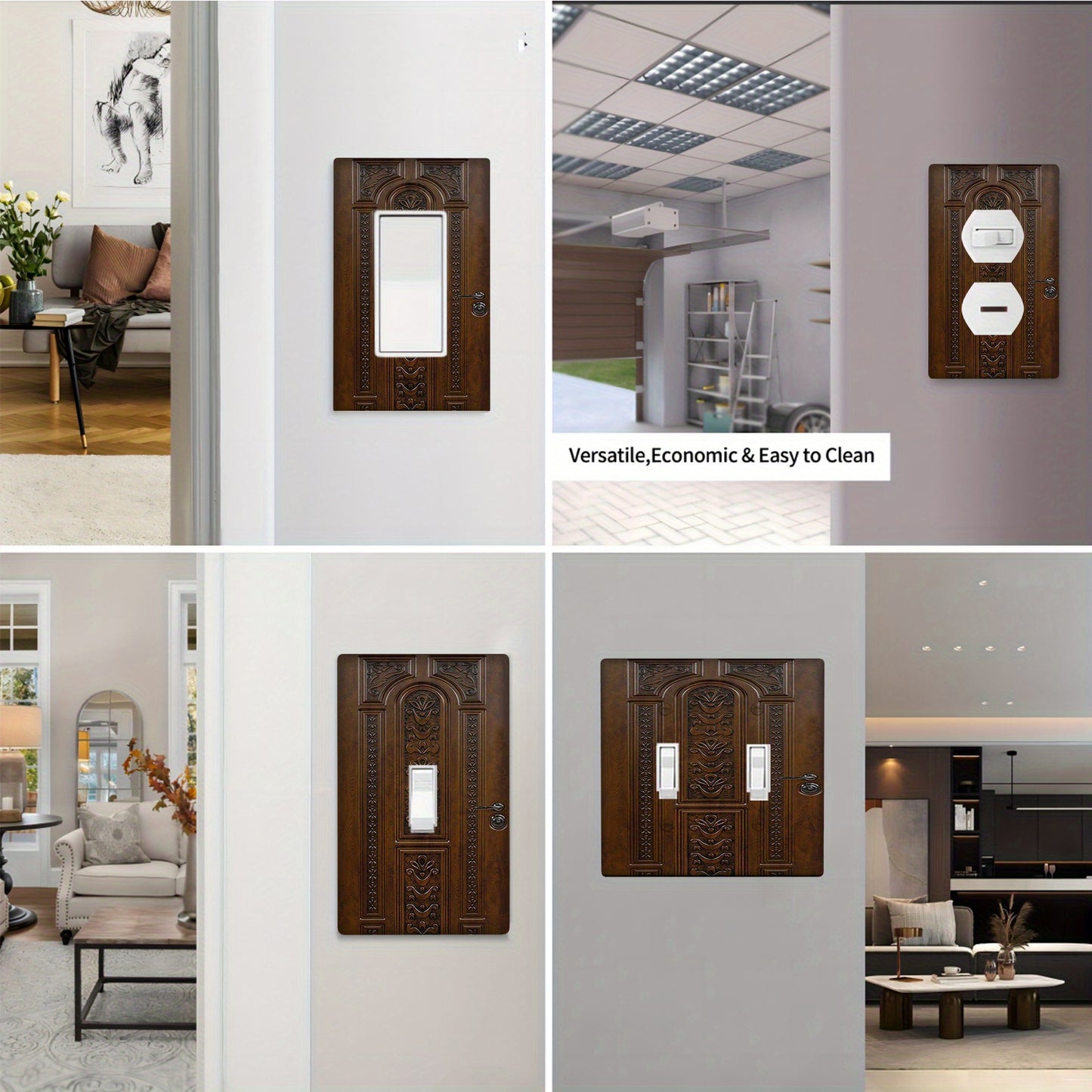 Polycarbonate light switch cover with wood grain effect, screw-in, no electricity needed. Versatile lamp switch plate for 1 or 2 way, easy installation for home décor.