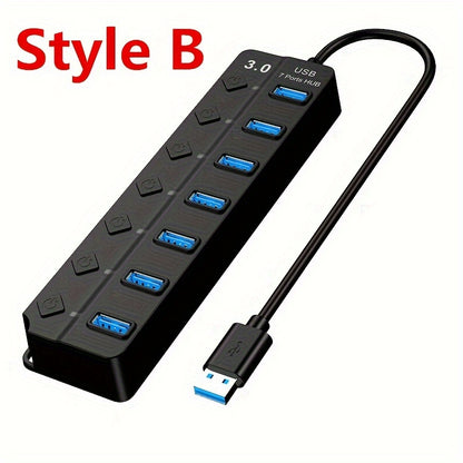 1pc USB Adapter Hub with 7 or 4 Ports, LED Light and Power On/Off Switch for PC or Laptop