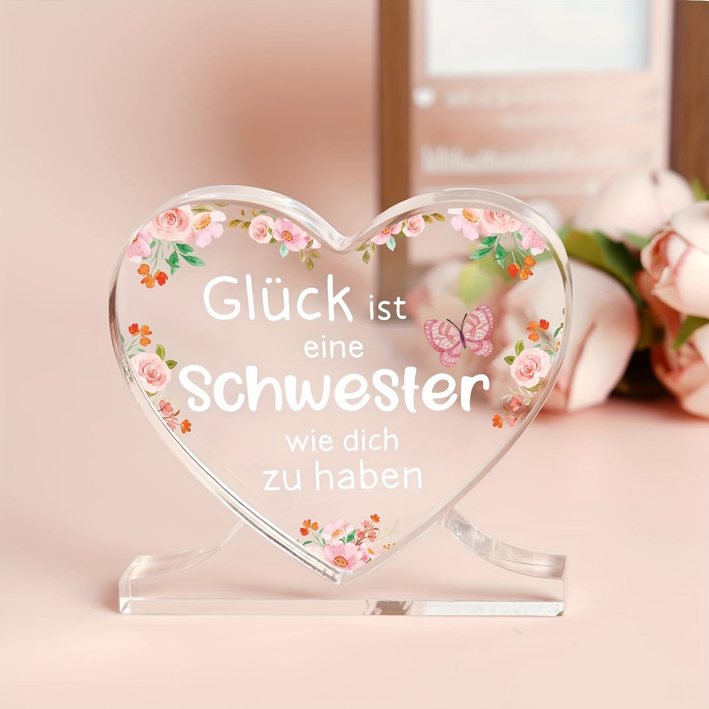 Heart shaped acrylic plaque decoration, personalized German gift for sister, suitable for office or bedroom, ideal for Thanksgiving, Christmas, or birthday.