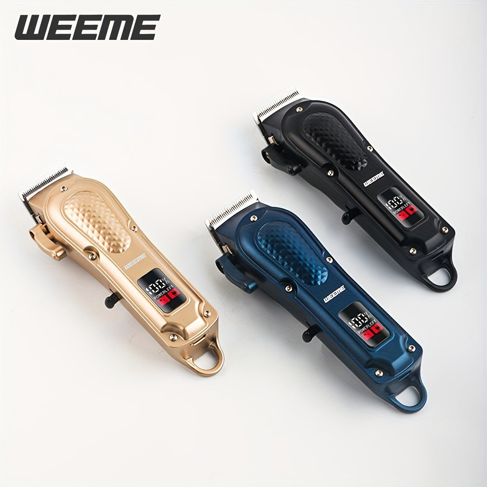 Weeme Men's Smart LCD Electric Hair Clipper in Black, Blue, and Golden. Portable USB charging, perfect for travel. Ideal gift for men, holidays, birthdays, friends, and family. Easy styling