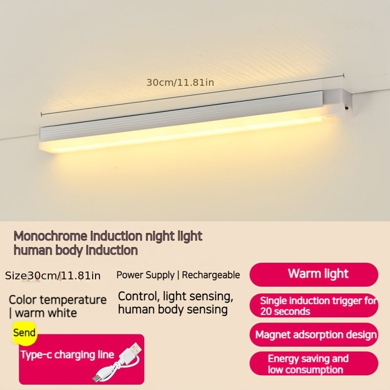 Wireless, rechargeable LED cabinet light with magnetic suction for staircases and hallways.