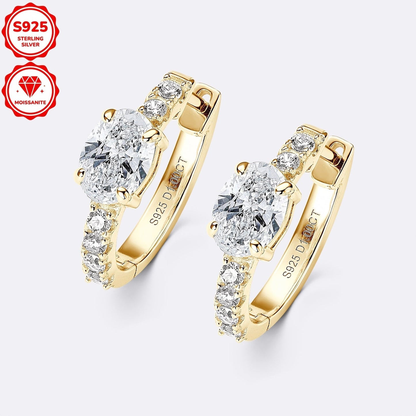 These stunning earrings feature a pair of Moissanite stones set in 925 pure silver. The oval-shaped Moissanite stones measure 5x7mm each, with a total weight of 3.18g. The main stones are Moissanite ovals measuring 5x7mm each, totaling 1ct+1ct=2ct per