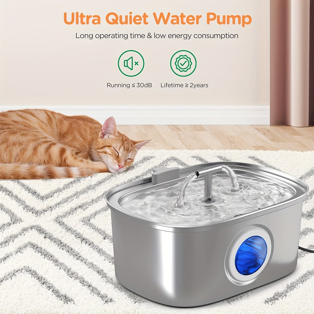 3.2L stainless steel cat water fountain with water level window, USB rechargeable automatic dispenser for indoor cats with quiet pump and faucet design.