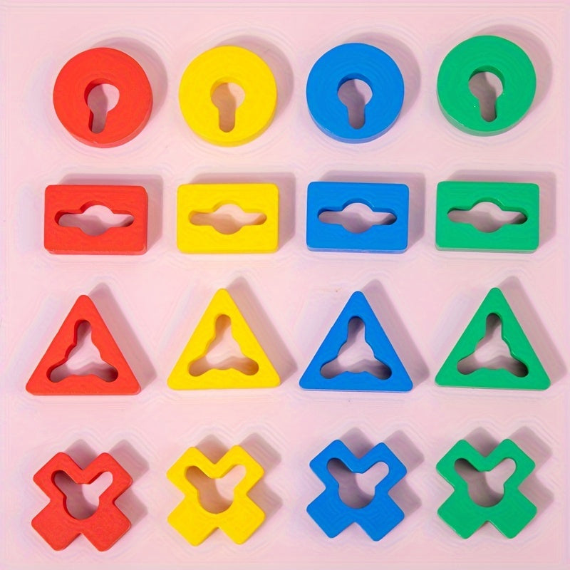 Educational wooden geometric shape sorter puzzle with stacking rings and blocks for cognitive development.