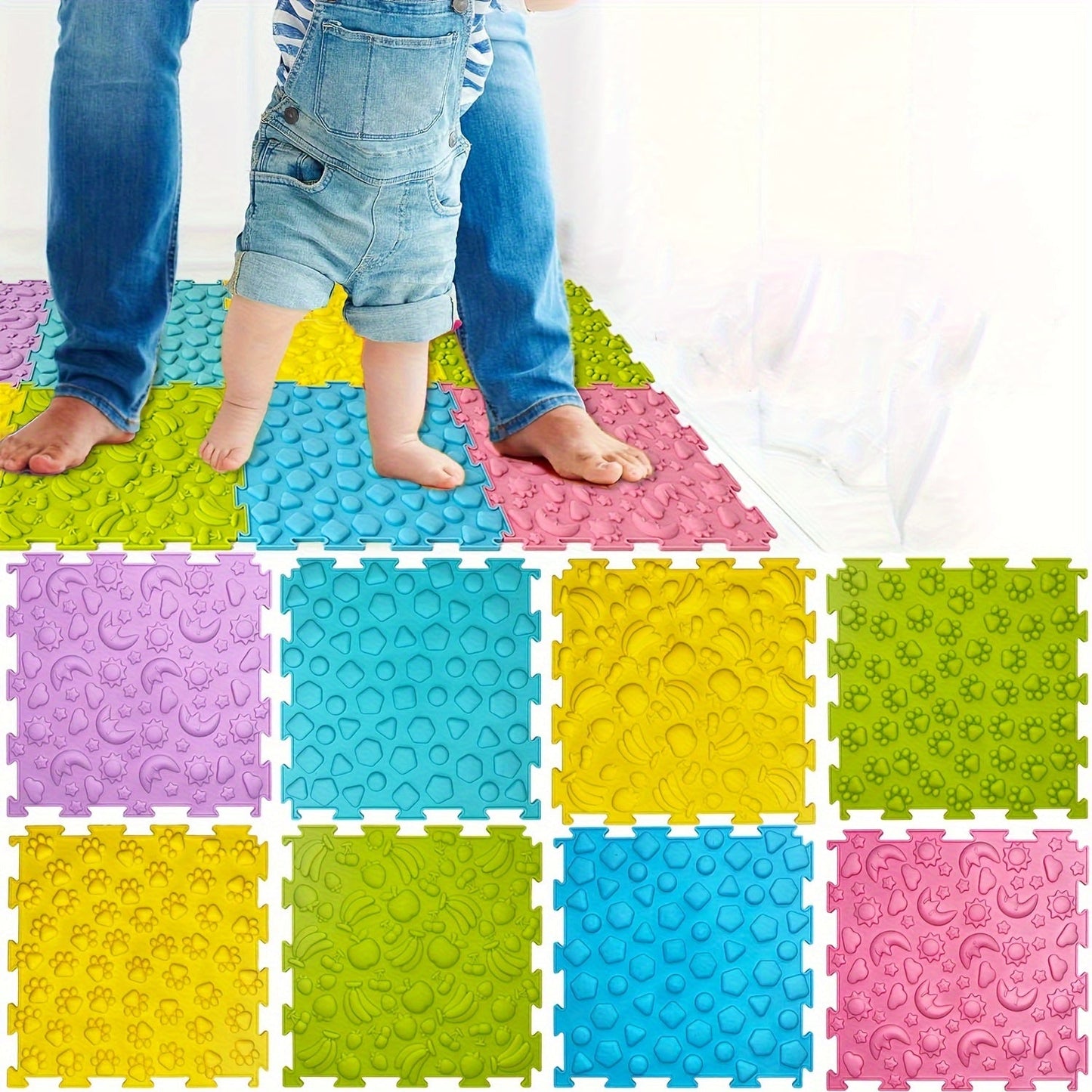 Sensory Tiles Puzzle Floor Mat - Set of 8 Pieces for Children's Sensory Room, Textured Rug Carpet, Orthopedic Massage Mat for Autism - Silicone Massage Mat for Kids with Sensory Needs