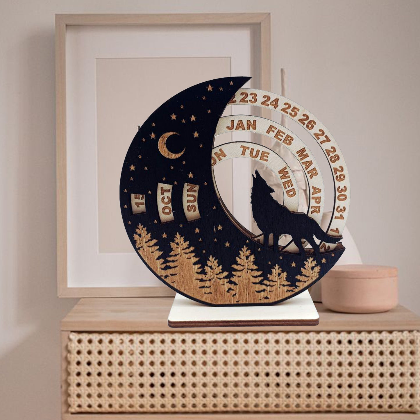 2023 Rustic Wooden Moon Wolf & Cat Calendar with Pine Tree & Star Design, No Electricity Needed, Perfect for Home Décor & Holidays, Wolf-Themed