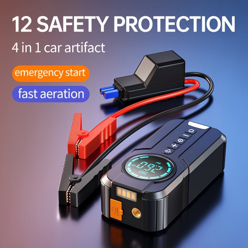 8000mAh emergency car jump starter with digital display, USB-C charging, air compressor, safety protections, fast inflation, rechargeable battery for tire inflation and lighting.