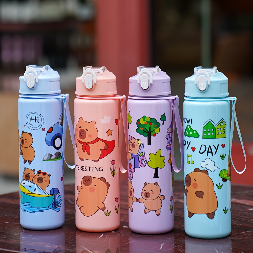 Cute cartoon water bottle (21oz) with leak-proof flip cap and straw, perfect for school, travel, outdoor activities. PVC-free plastic, hand wash only. Suitable for climbing and various holidays and celebrations.