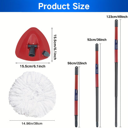 The Home Times Mop Replacement Parts includes 2 Microfiber Mop Heads, 1 Retractable 3-Section Mop Handle (55.88-124.46cm), and 1 Mop Base Cover Set specifically designed for the O-Ceda EasyWring 1-Tank Spin Mop System. This versatile set is suitable for