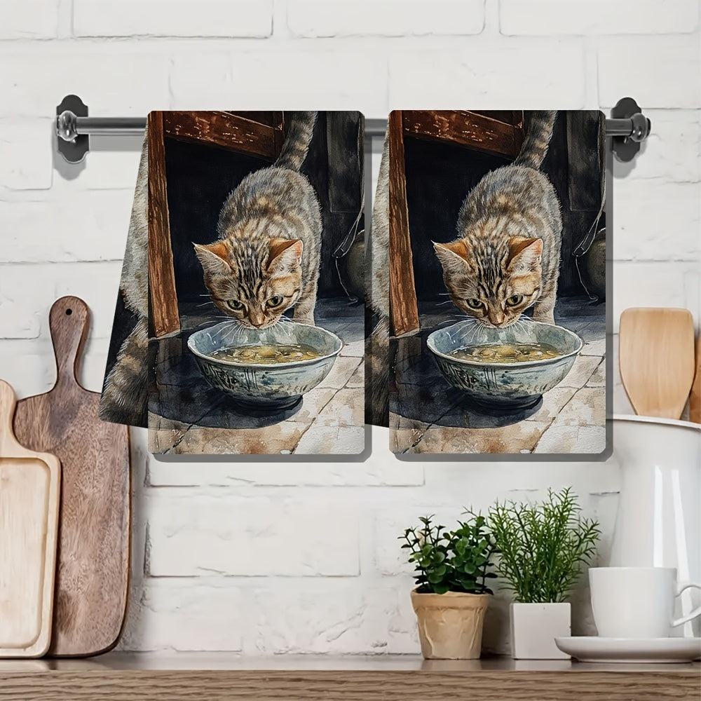 Set of 2 Kitchen Towels with "The Gentle Meow of a Kitten Asking for Food" Design - Super Soft, Quick-Drying & Easy to Clean Dish Hand Towels, Modern 40.64x60.96 cm Size, Ideal for Festive Decor, Must-Have Kitchen Accessories