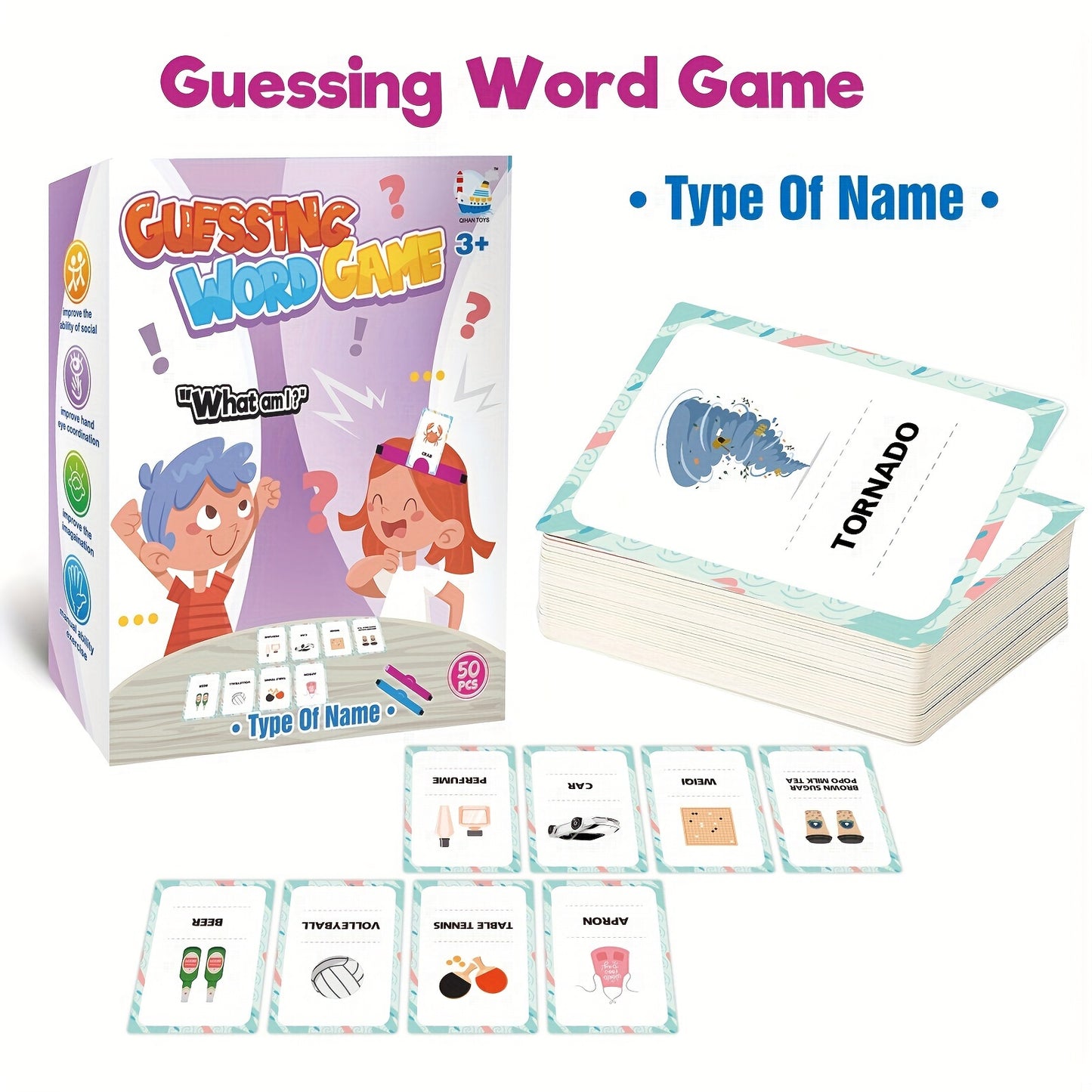 Family guessing card game for gatherings, includes headbands, 50 cards, durable stock.