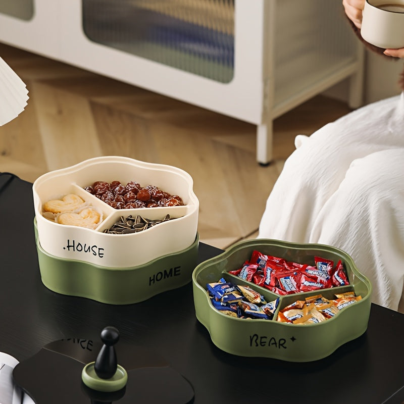 High-Quality Rotating Snack Organizer with Sectional Dividers - Multi-Tier Plastic Tray for Dry Fruits, Candy, and Nuts - Safe for Food Contact in Home and Living Room Storage.