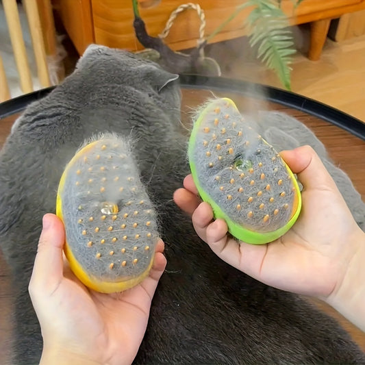 Electric steam massage comb for cats and dogs, removes tangles and loose fur, self-cleaning with USB recharge.