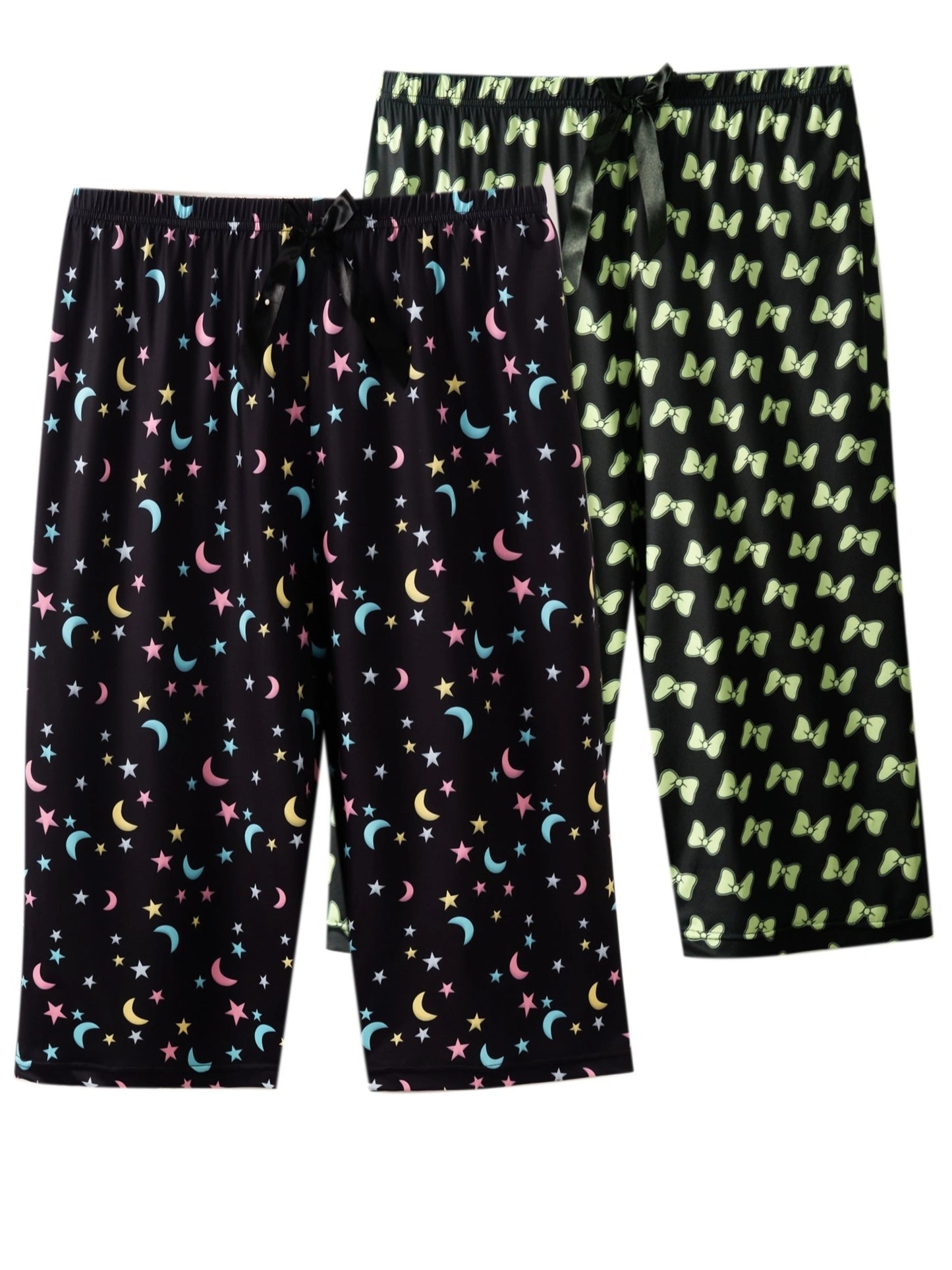 2 Women's Plus Boho Pajama Pants with Bow & Moon & Star Print in Plus Size