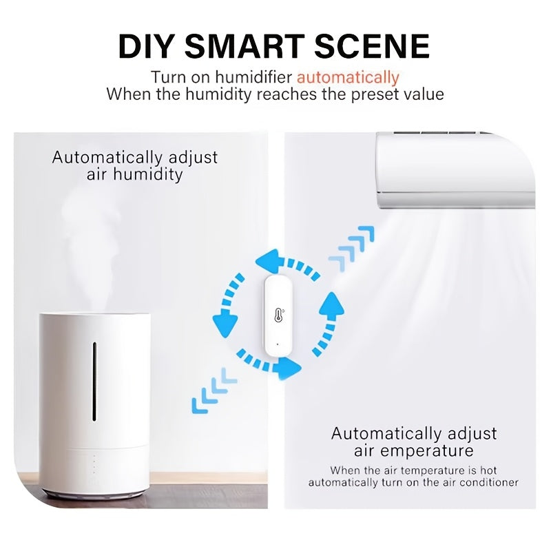 Smart sensor for detecting temperature and humidity changes, connects to WiFi/ZigBee protocol for app control of air conditioner and humidifier. Can be operated remotely via mobile phone